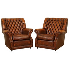 Pegasus Retailed by Harrods Monk Chesterfield Pair of Leather Armchairs