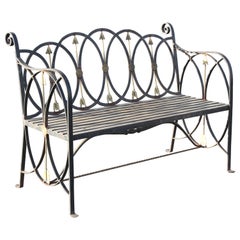 Neo-Classical Wrought Iron Garden Patio Bench or Settee with Stylized Arrows