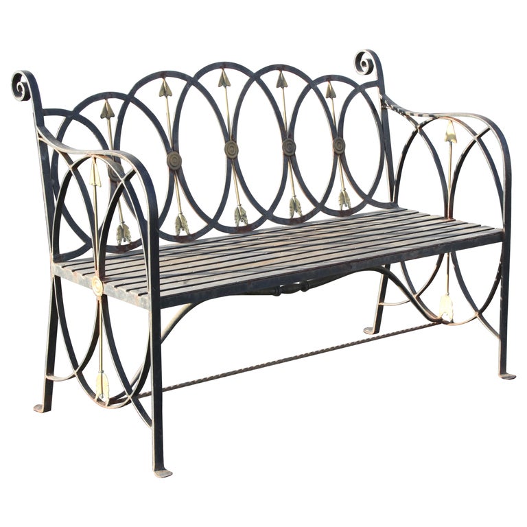 Neo-Classical Wrought Iron Garden Patio Bench or Settee with Stylized Arrows For Sale