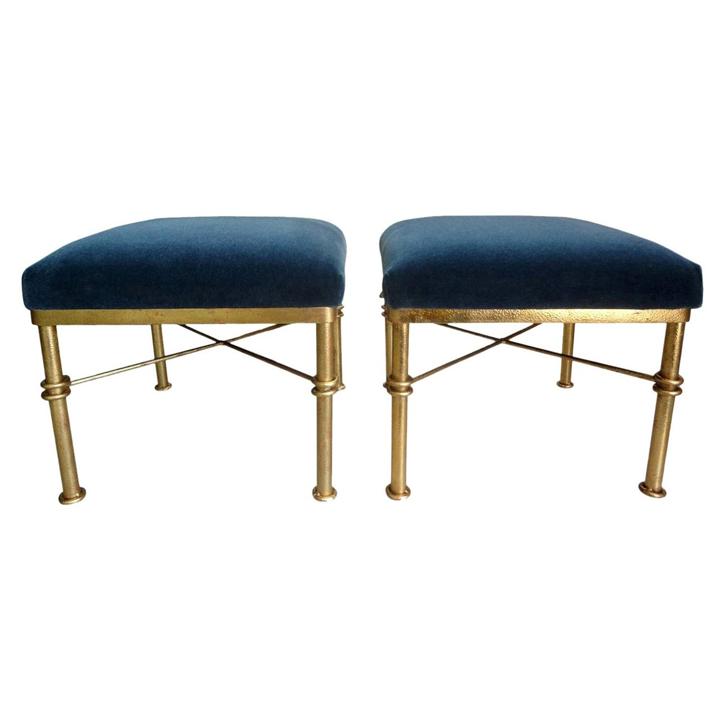 Pair of Midcentury Gilt Iron Ottomans For Sale