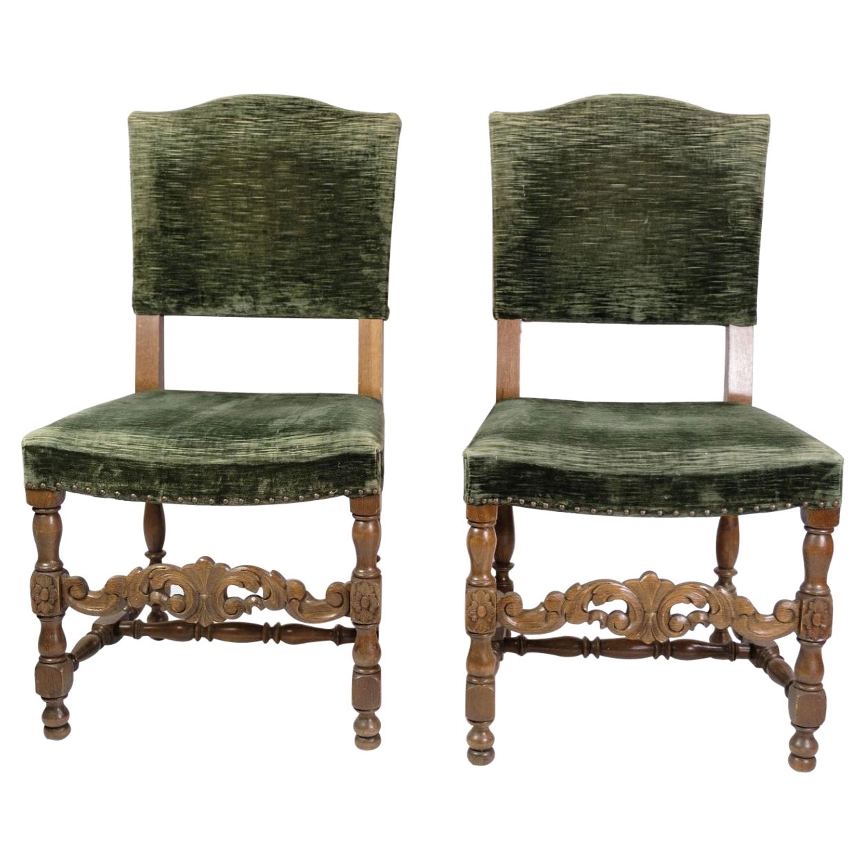 Renaissance style Chairs Made In Oak With Green Fabric From 1930s For Sale