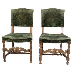 Vintage Renaissance style Chairs Made In Oak With Green Fabric From 1930s