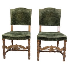 Chaises de style Renaissance en chêne avec tissu vert des années 1930