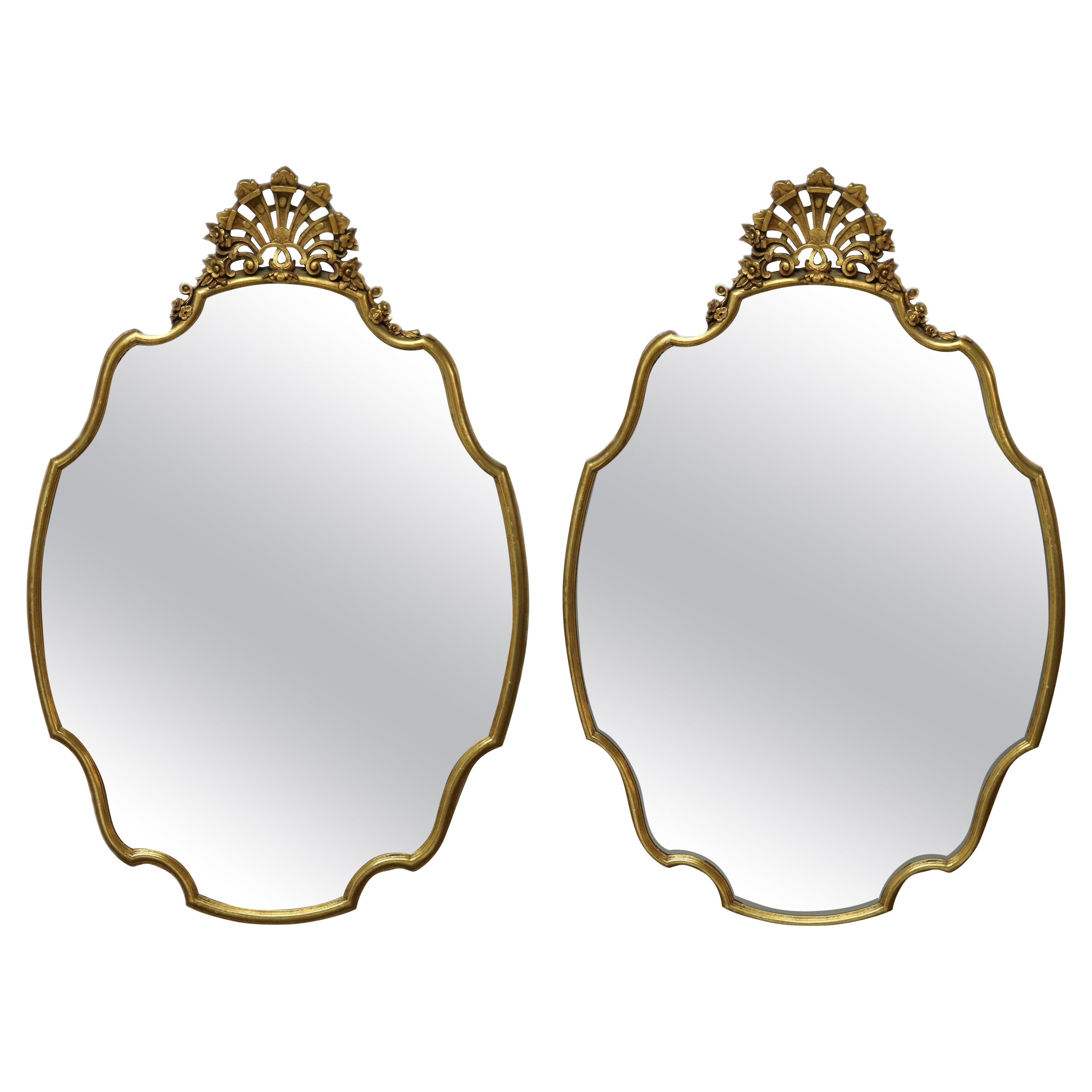 Antique Pair French Style Reticulated Shield Form Giltwood Wall Mirrors, c1930