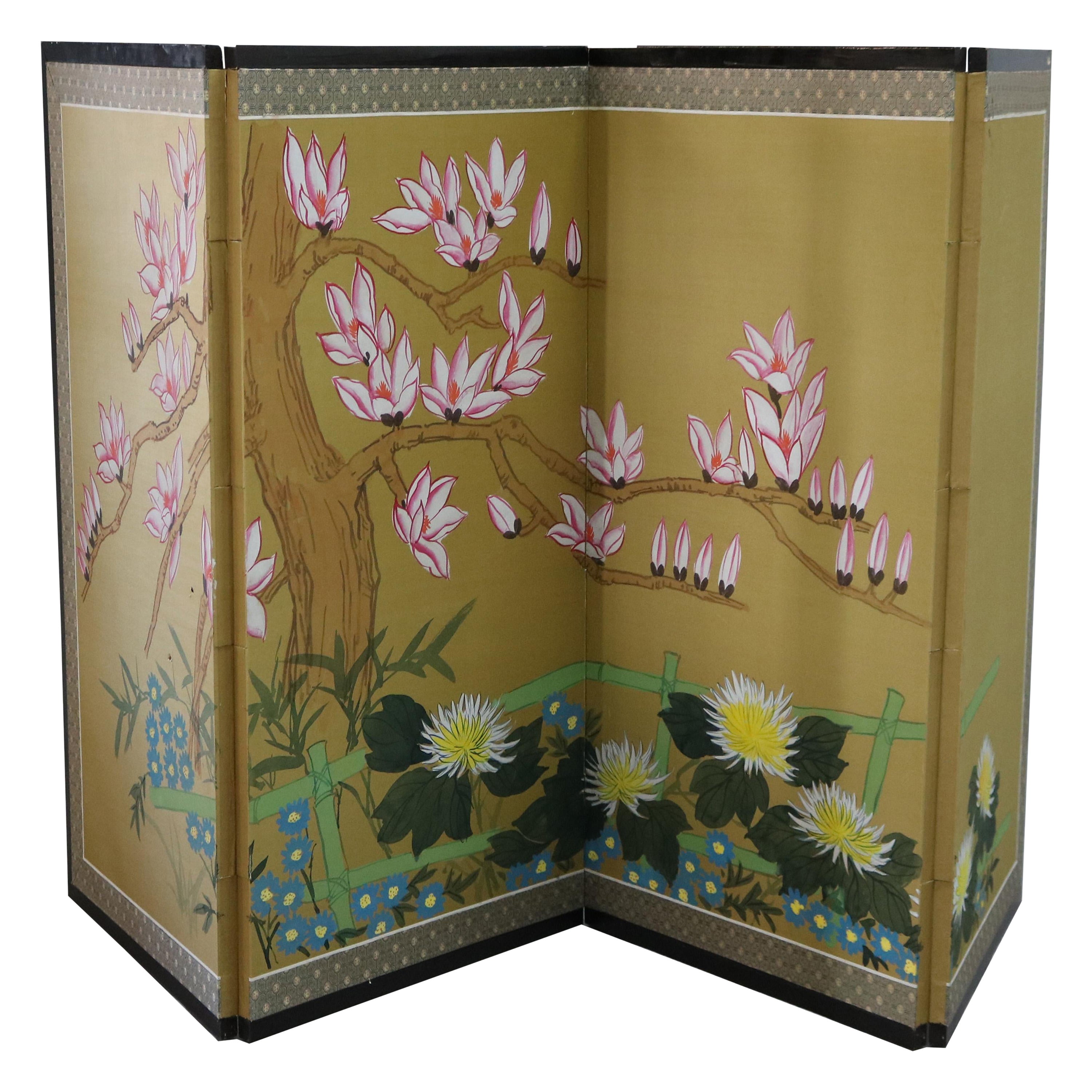 Chinese Floral Decorated and Ebonized Folding Table Screen 20th C For Sale