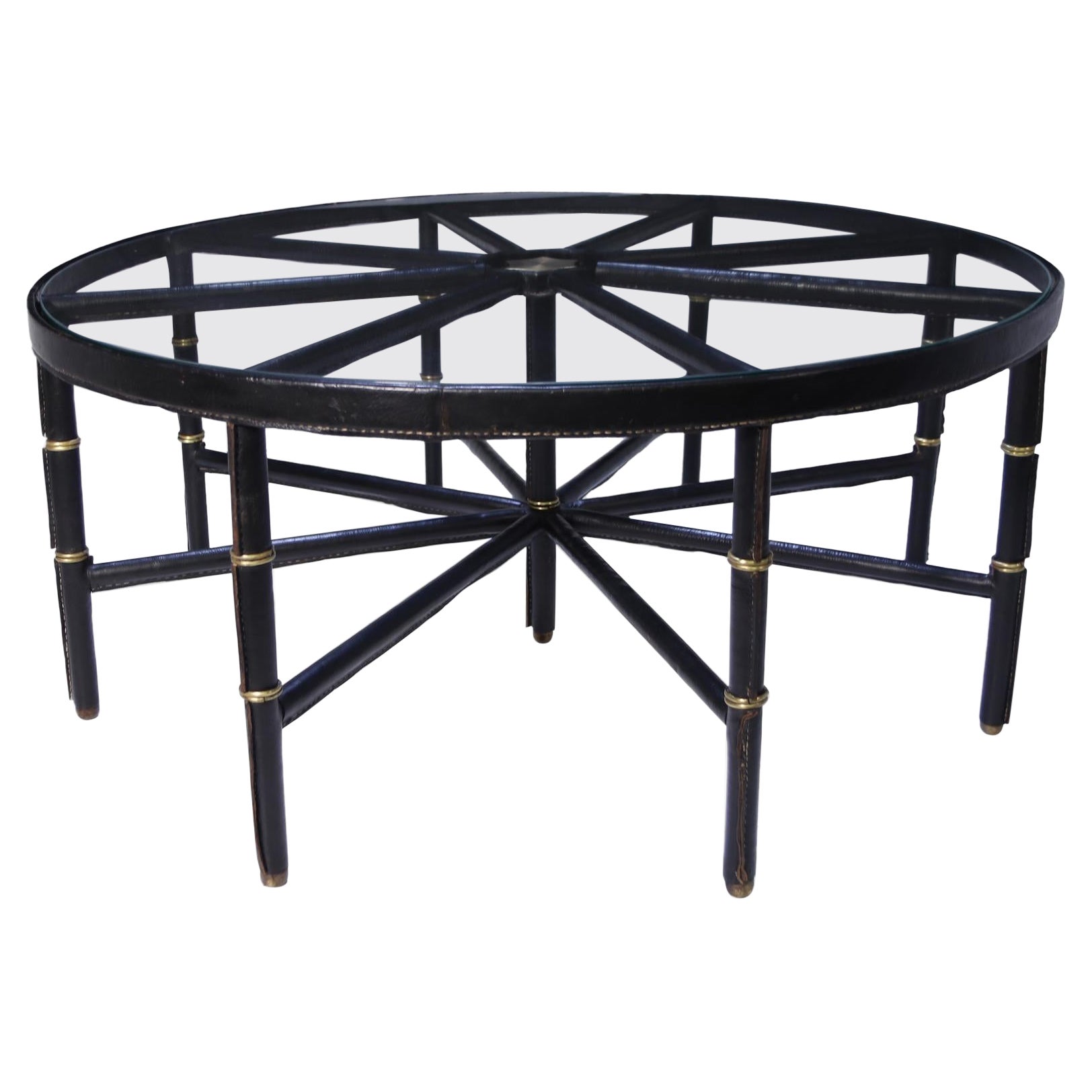 Stitched Leather and Brass Table by Jacques Adnet For Sale