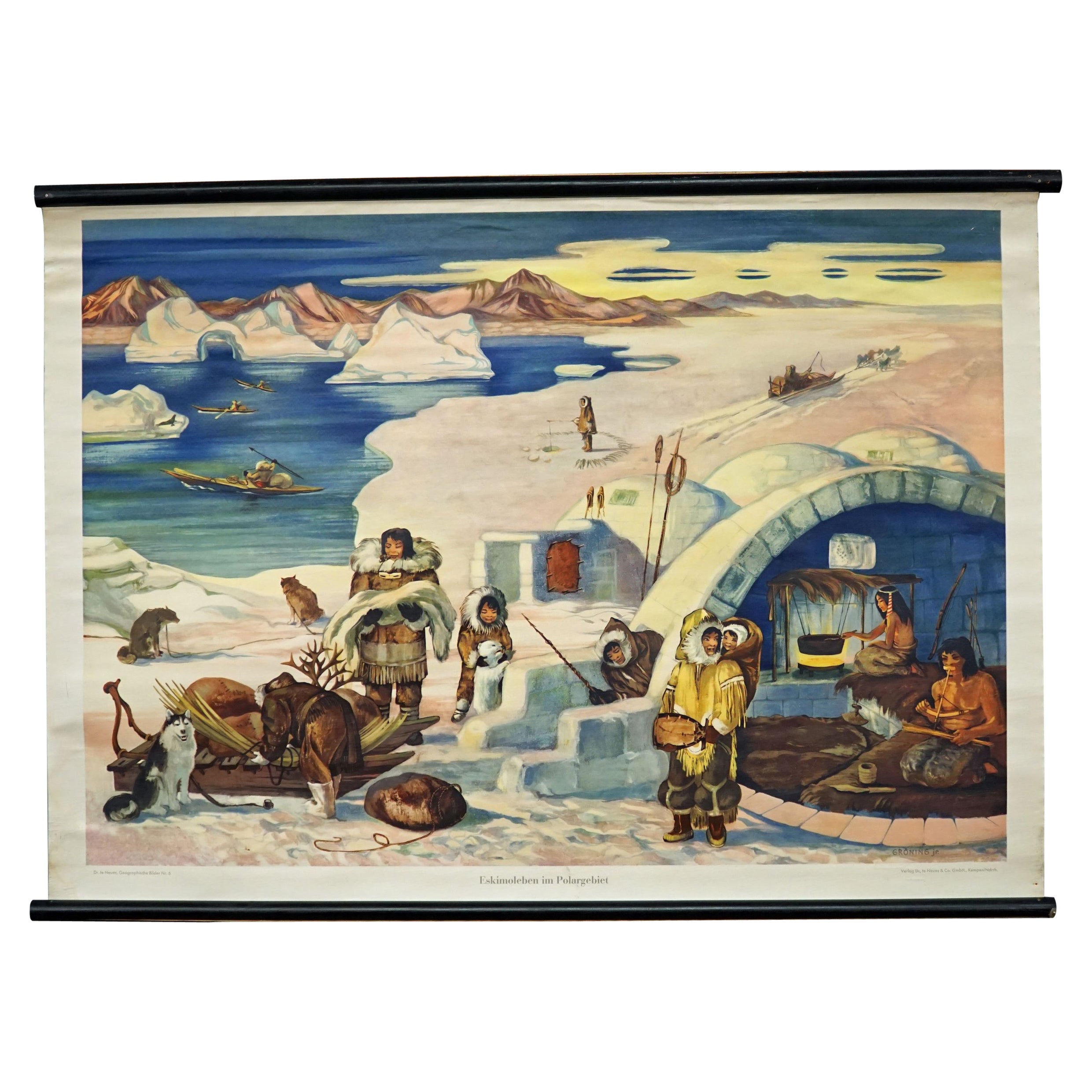 Carte murale enroulable sur la vie des Inuit Eskimo Région polaire Chasse au chien de traîneau en vente
