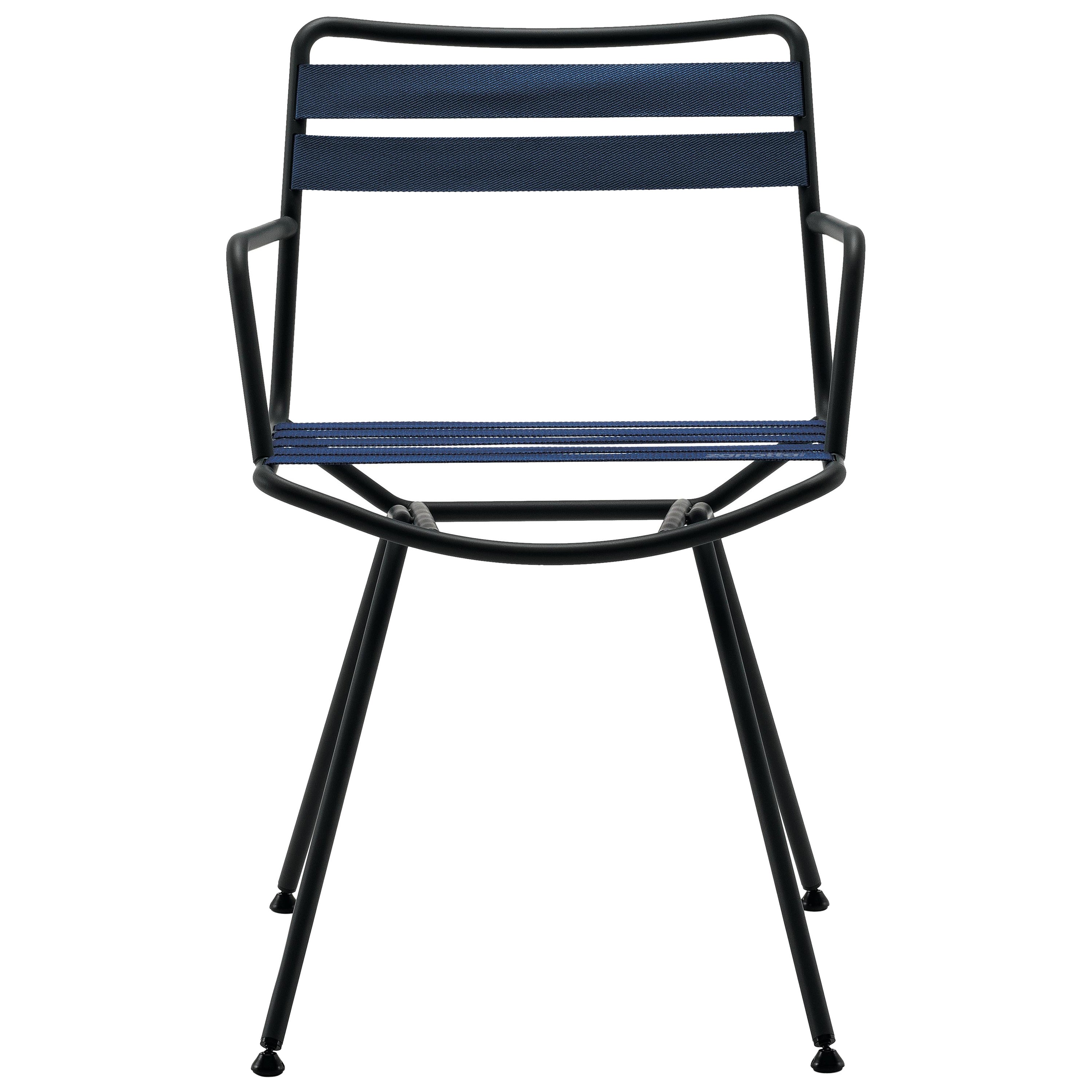 Zanotta Dan Armchair in Blue Elastic Seat & Back with Matt Black Steel Frame