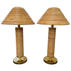 Pair of Rattan and Brass Lamps, Italy, 1980s