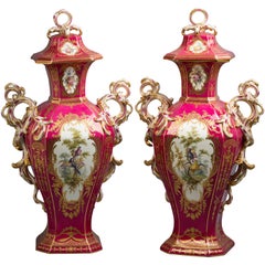 Antique Pair of English Porcelain Covered Urns, Minton, circa 1840