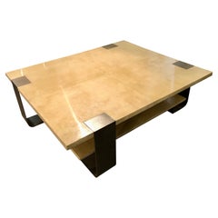 Big Size Coffee Table in Parchment and Metal Art Deco Style
