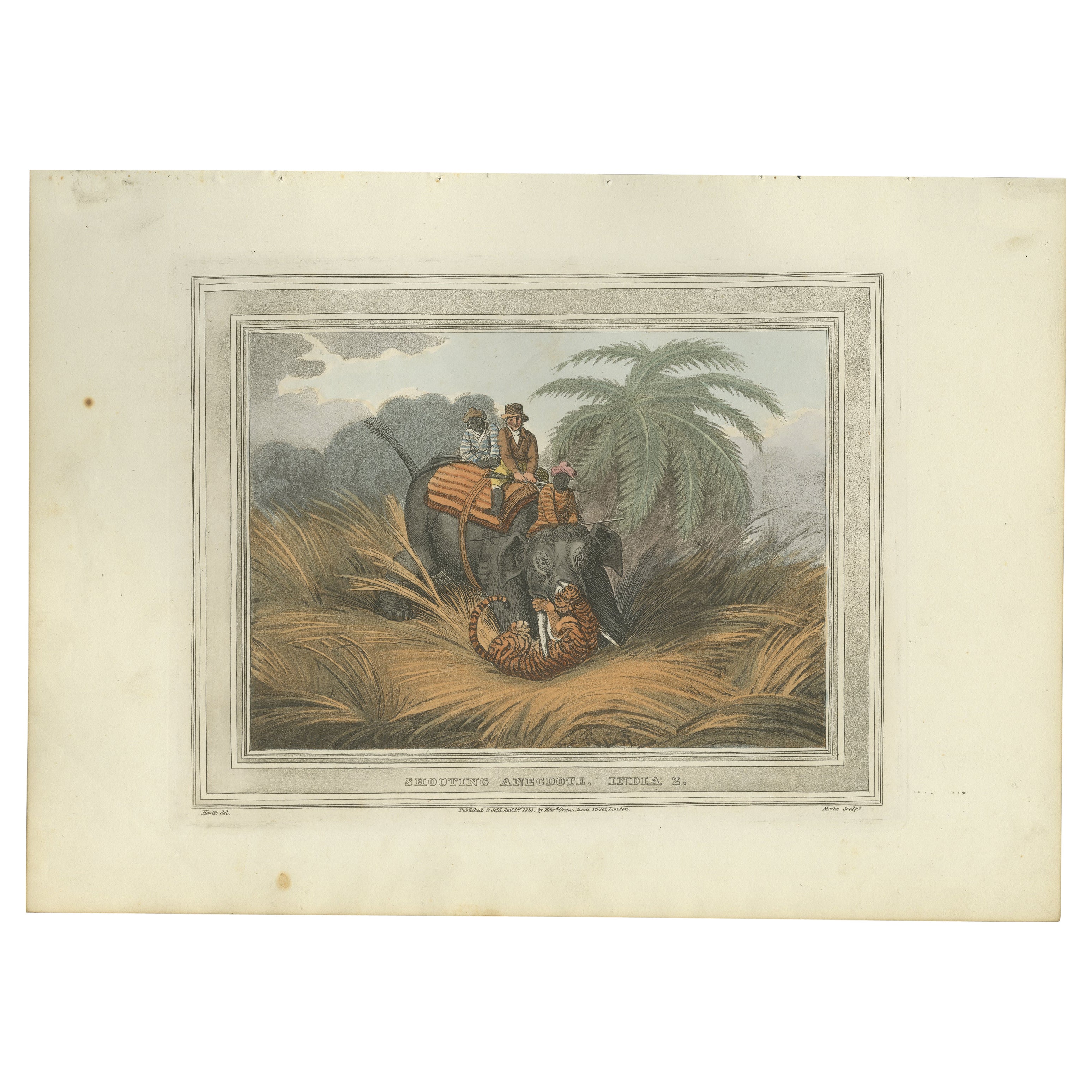 Set of four beautiful fine hand colored engravings, protected in acid free matting.

Titles:

1) Hog hunters in India going out no.1
2) Shooting anecdote, Indian 2
3) Hindoo elephant trap.
4) Hindoo method of taming elephants

Maker: Samuel
