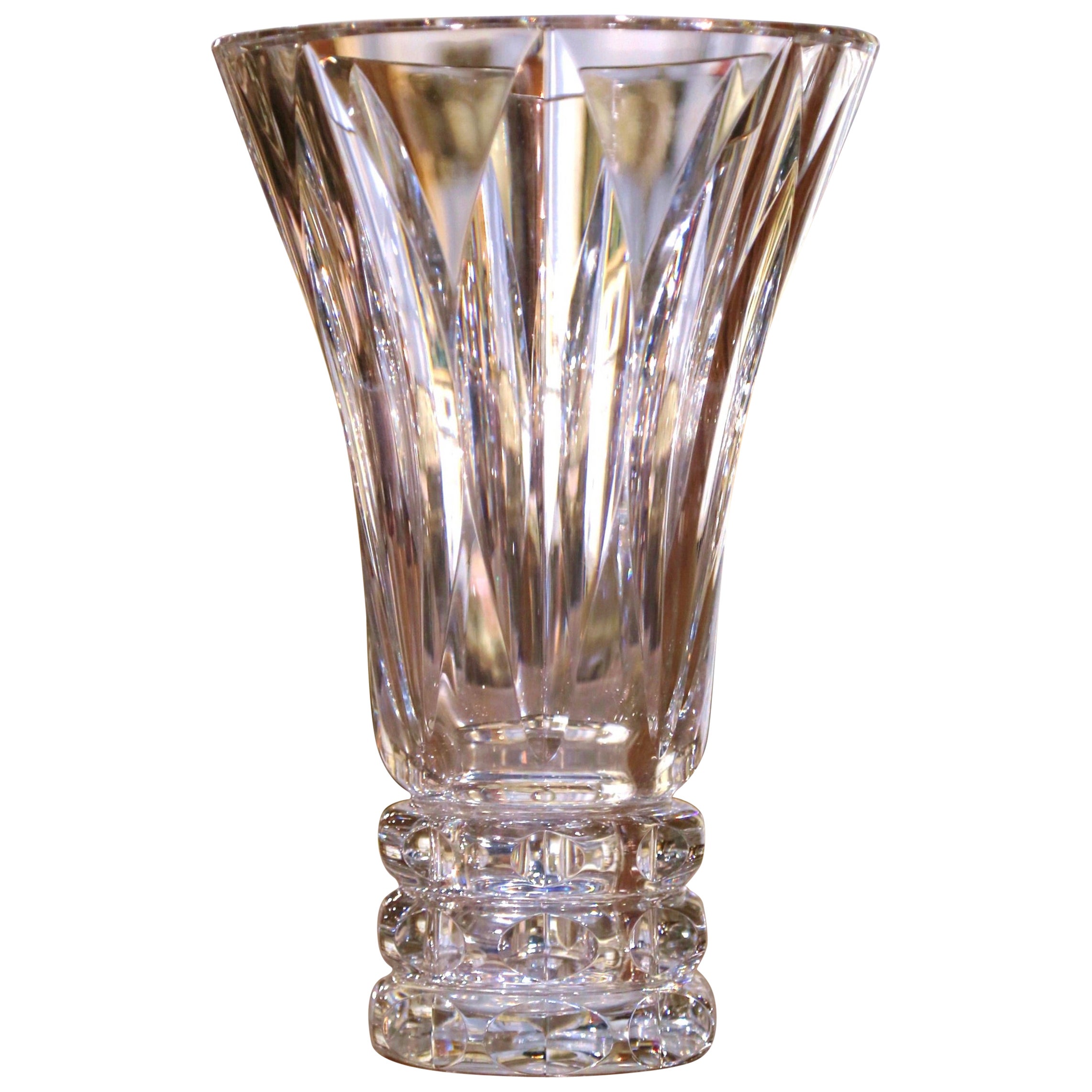 MidCentury Clear Cut Crystal Trumpet Vase with Geometric and Vine