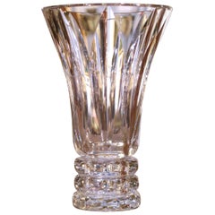 Mid-Century Clear Cut Crystal Trumpet Vase with Geometric Motifs