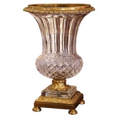 Mid-Century French Crystal and Bronze Dore Medicis Urn Vase