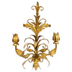 Hollywood Regency Gilt Wall Candle Sconces Flower Motif, Italy 1960s