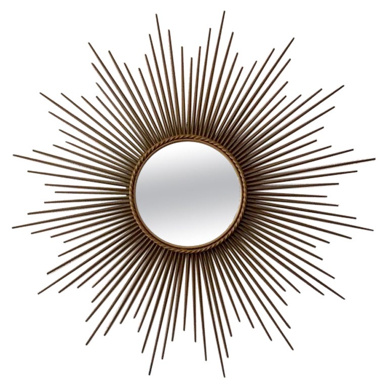 Großer 100 cm Spiegel mit Sonnenschliff, signiert Chaty Vallauris, Frankreich 1950er Jahre im Angebot