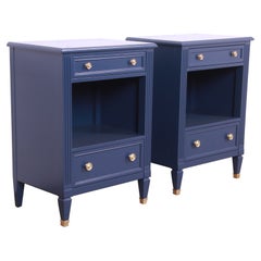 Kindel Furniture French Regency Louis XVI Blue Lacquered Nightstands, Refinished