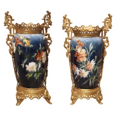 Pair of French Bronze Mounted Barbotine Vases, Montigny Sur Loing circa 1860