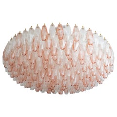 Flush Mount Chandelier Pink and Clear Murano Glass Poliedri, in Stock