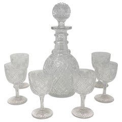 Antique American Cut Crystal Wine Decanter Service with 6 Cordials, C. 1900-1910