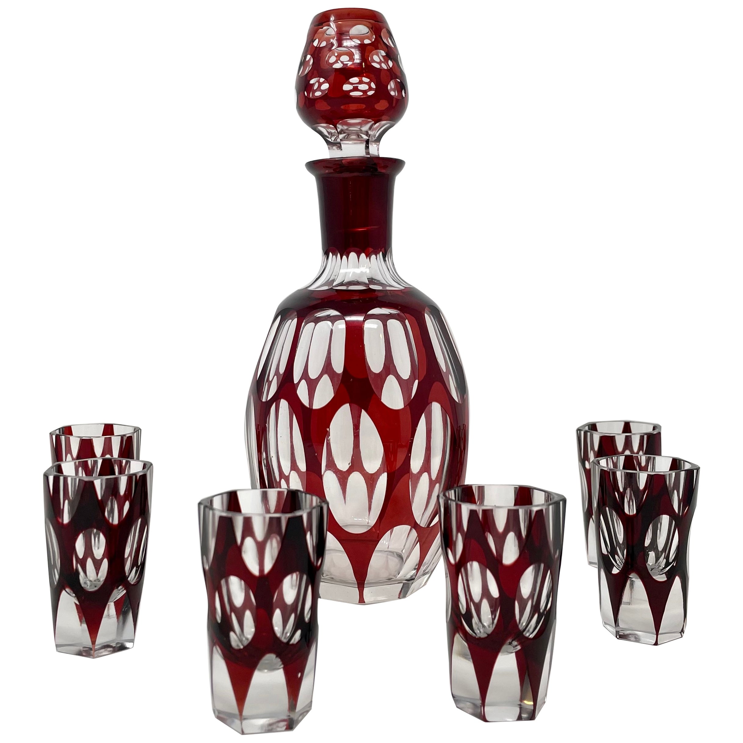 Antique Bohemian Ruby Crystal Cut to Clear Decanter with 6 Glasses, Circa 1900