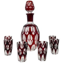 Antique Bohemian Ruby Crystal Cut to Clear Decanter with 6 Glasses, Circa 1900