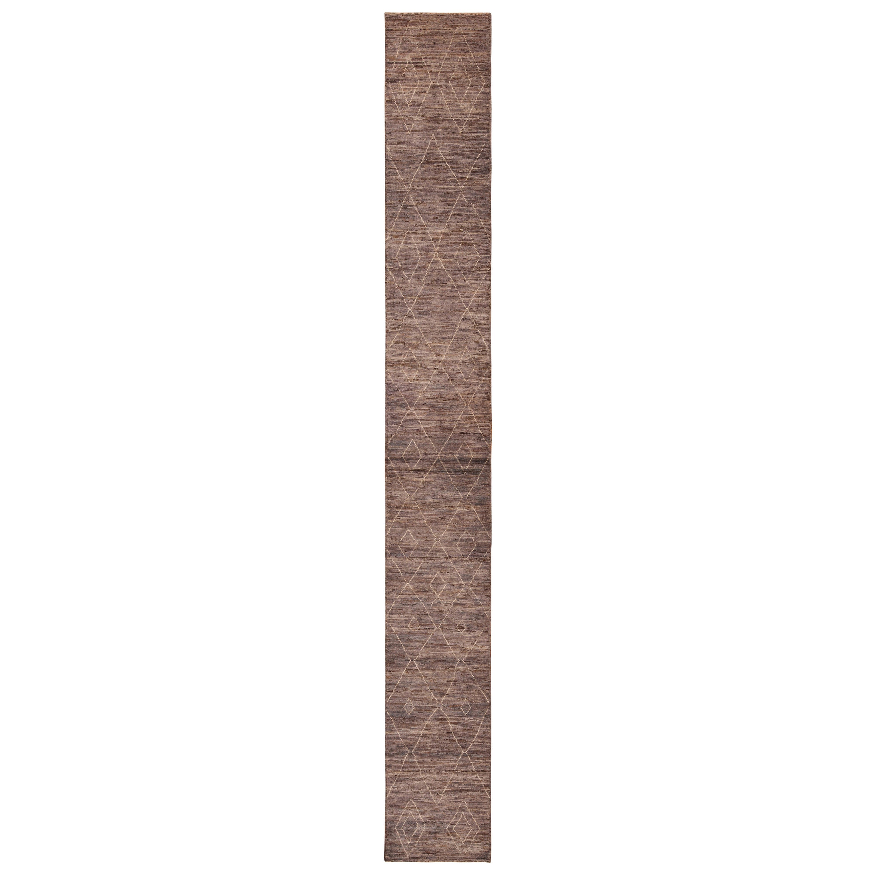 Nazmiyal Collection Brown Modern Moroccan Runner Rug. 2 ft 7 in x 24 ft 7 in