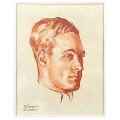 Vintage "Man with Wavy Hair," 1930s Portrait in Pastel, Sanguine by Porter Woodruff