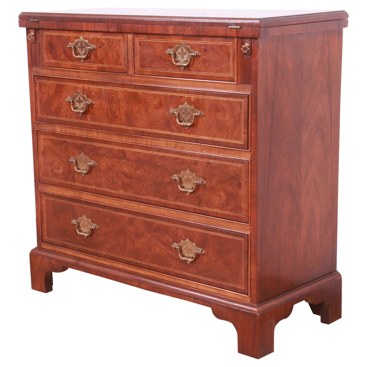 Baker Furniture Georgian Burled Walnut Flip Top Bachelor Chest