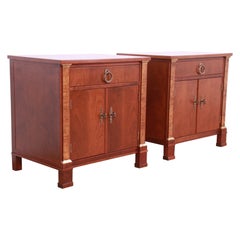 Used Baker Furniture French Empire Cherry and Burl Wood Nightstands, Newly Refinished