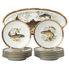 Mid-Century Modern Porcelain Fish Plates and Server by Limoges, France