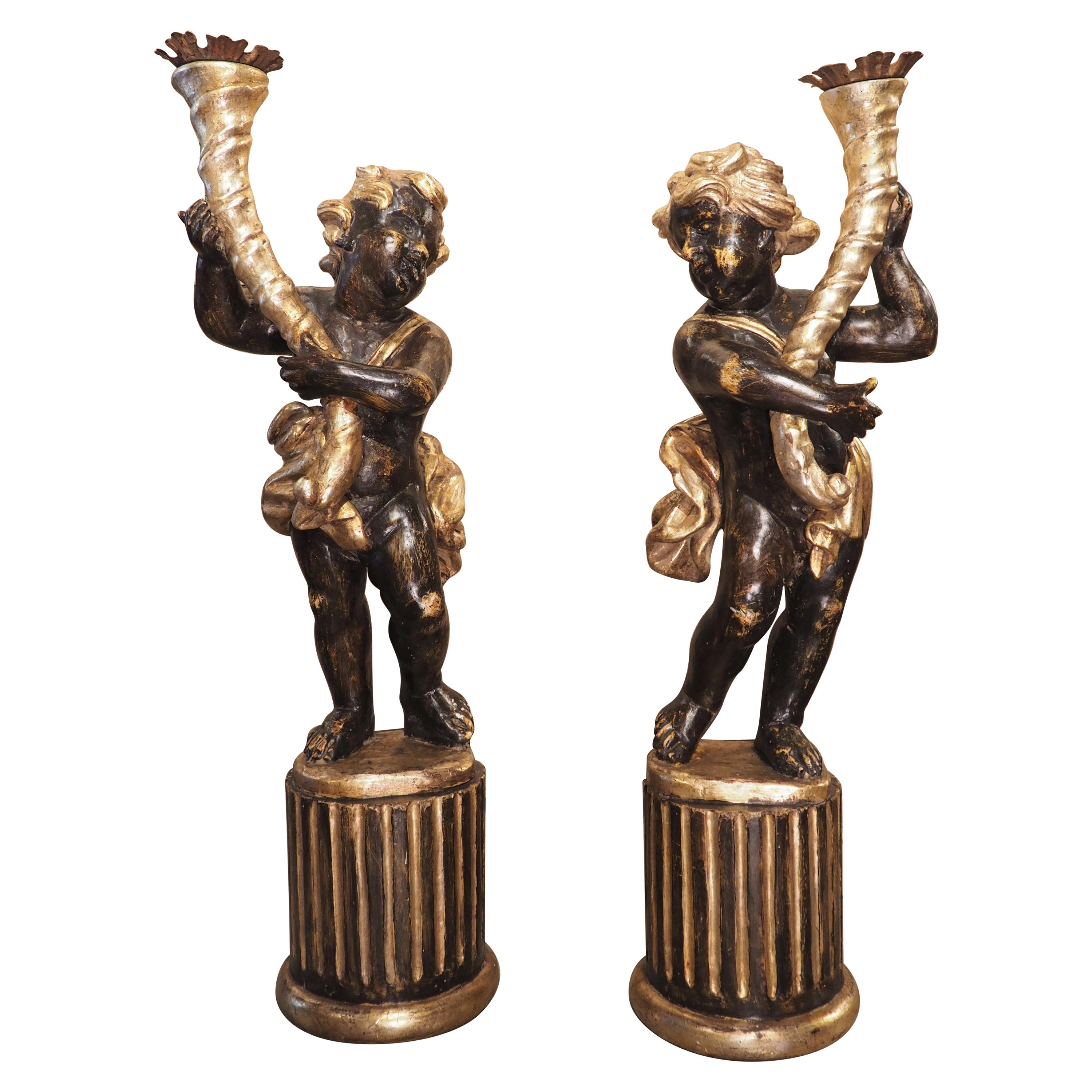 Pair of Italian 18th Century Painted and Gilt Putti with Cornucopia Torcheres