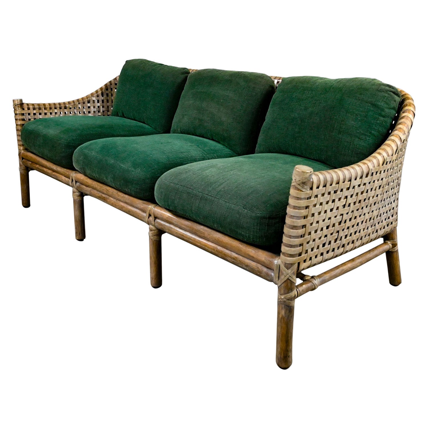 McGuire Late 20th Modern Rattan Woven Rawhide Green Chenille Cushion Sofa Settee