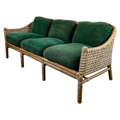 Used McGuire Late 20th Modern Rattan Woven Rawhide Green Chenille Cushion Sofa Settee