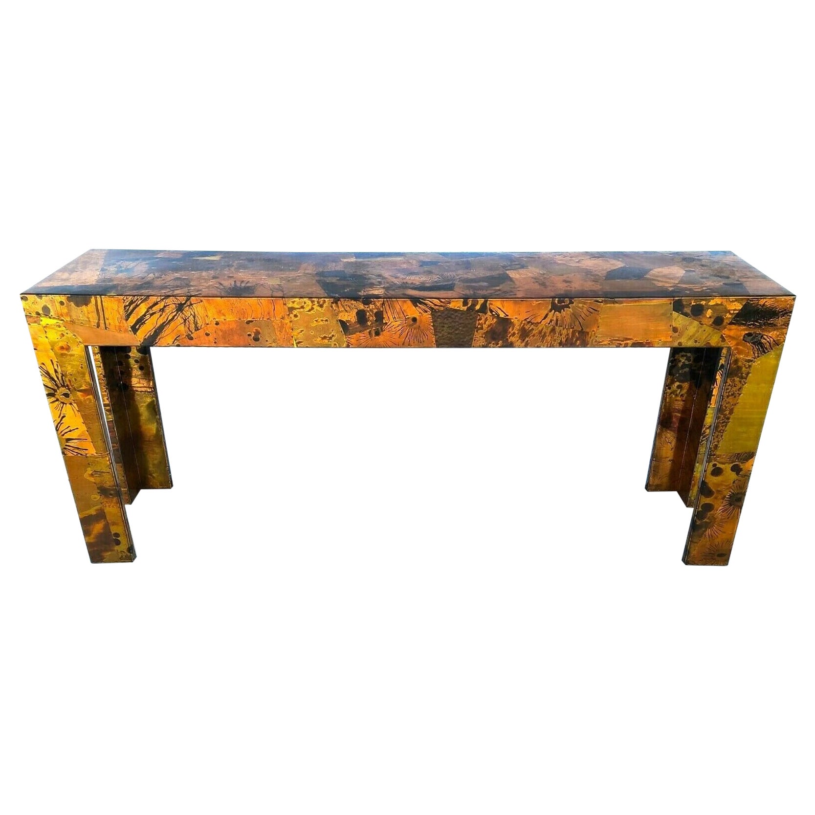 1970s Brutalist Copper Patchwork Console Table, Style of Paul Evans For Sale