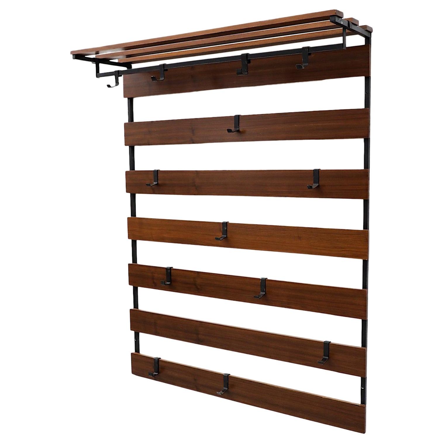 Mid-Century Teak Slatted Wall Mount Coat Rack with Hat Shelf and 13 Hooks For Sale