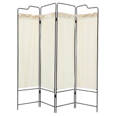 40's Deco Folding 4 Panel Privacy Screen or Room Divider w/ Inset Cream Fabric 
