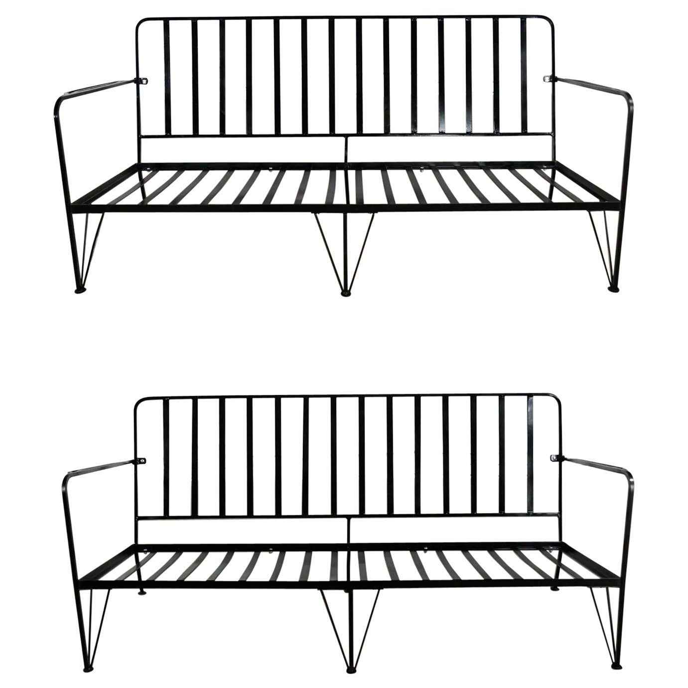 Mid-Century Modern Pair Painted Black Wrought Iron Outdoor Settees Frames Only