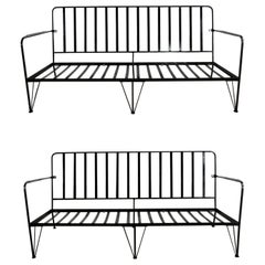 Mid-Century Modern Pair Painted Black Wrought Iron Outdoor Settees Frames Only