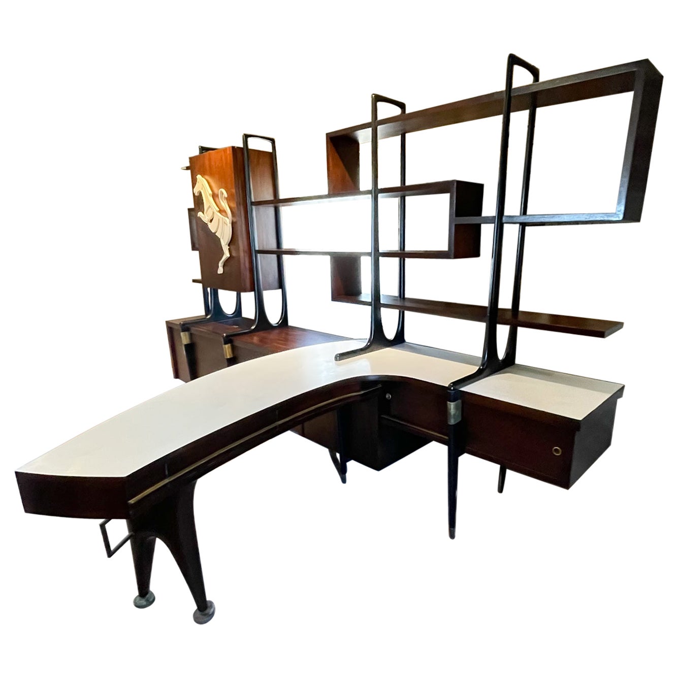 1950s Expansive Wall Unit Desk Bar Cabinet System Eugenio Escudero Mexico
