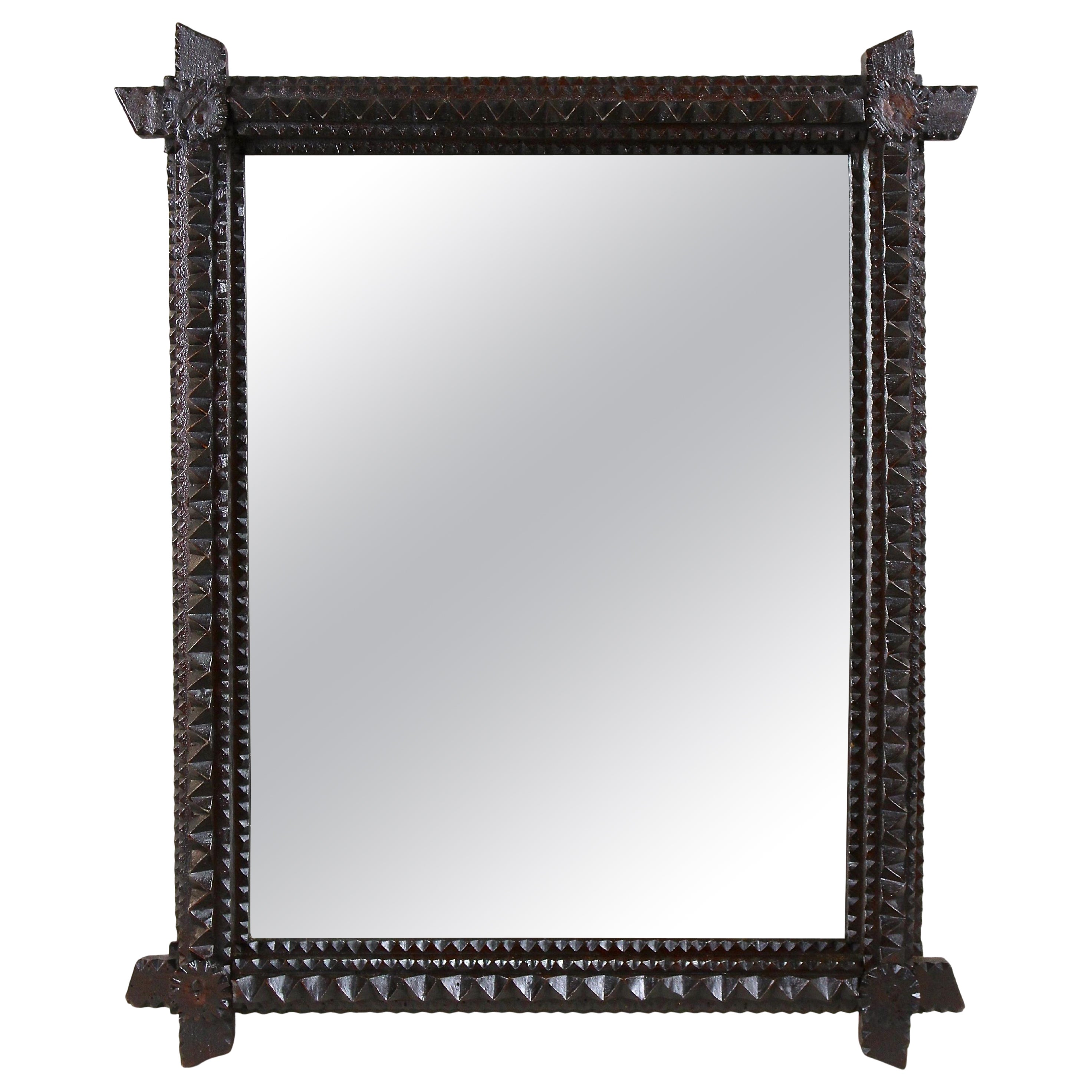 Hand Carved Rustic Wall Mirror Tramp Art New Mirror Glass, Austria