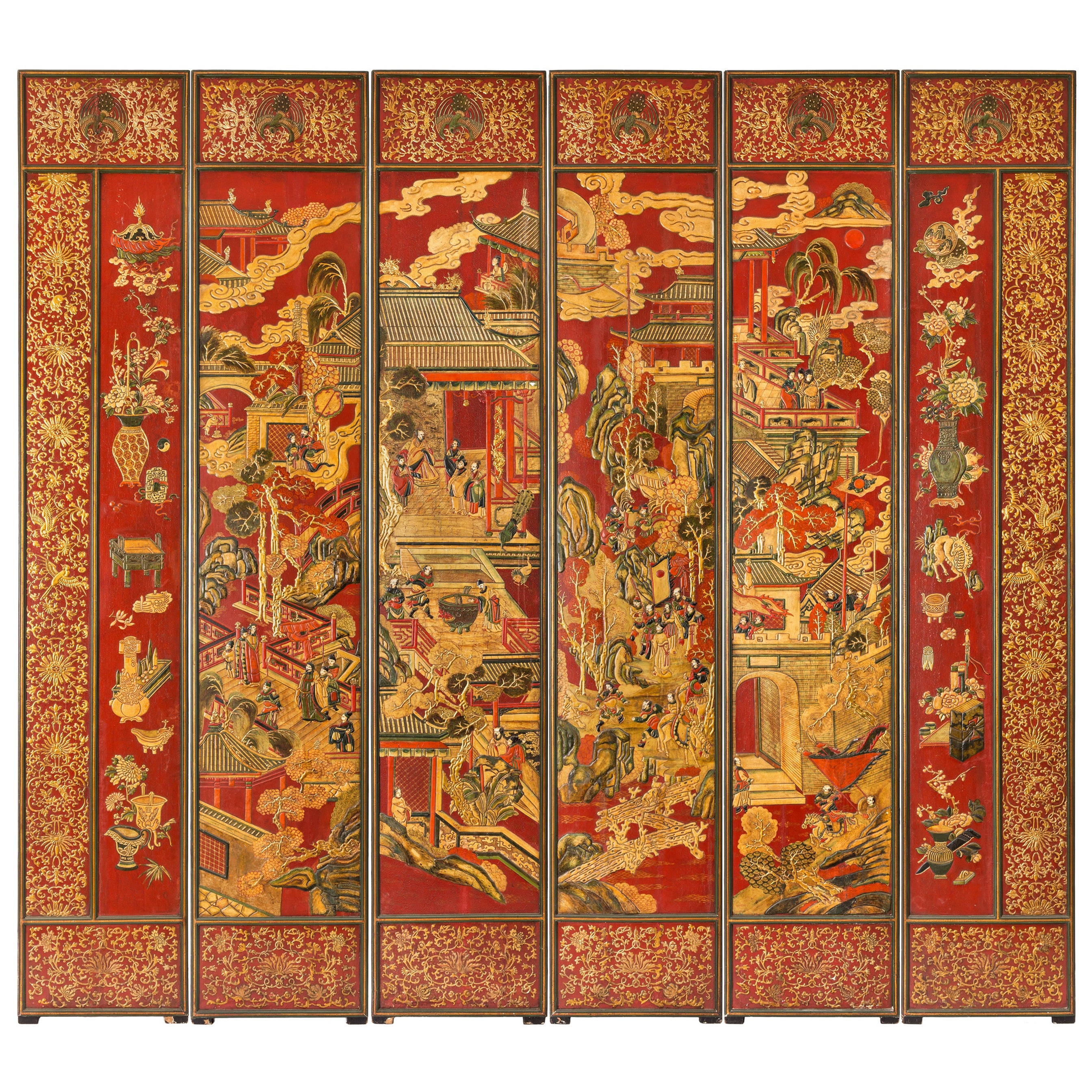 Paravent chinois du 19e siècle en laque rouge, ensemble de 6 panneaux