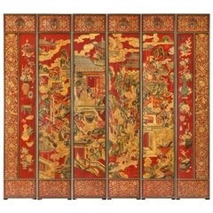 18th Century Chinese Red Lacquer Screen, 6 Panel Set