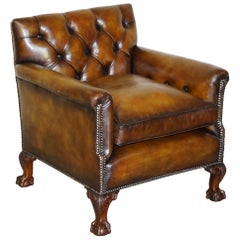 Fine Restored Howard & Sons Chesterfield Brown Leather Claw & Ball Feet Armchair