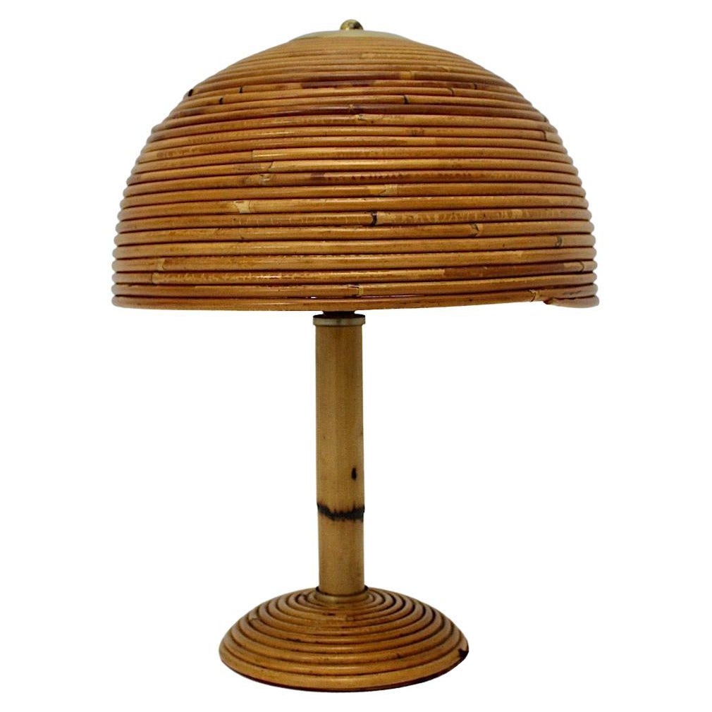 Organische Moderne Vintage-Tischlampe aus Rattan, Bambus und Messing, Pilz, 1970er Jahre, Italien