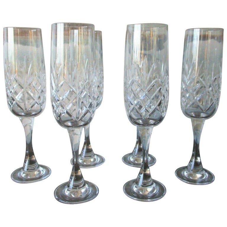 Set of 6 Fine Vintage Cut Glass Champagne Flutes For Sale at 1stDibs