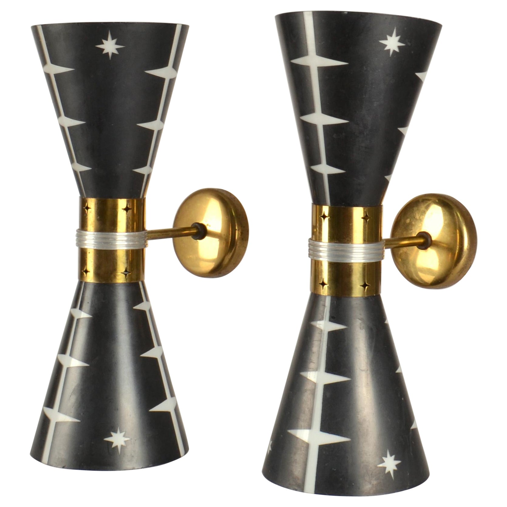 Rare Pair of 1950’s Hourglass Wall Lights in Black and White Glass and Brass For Sale