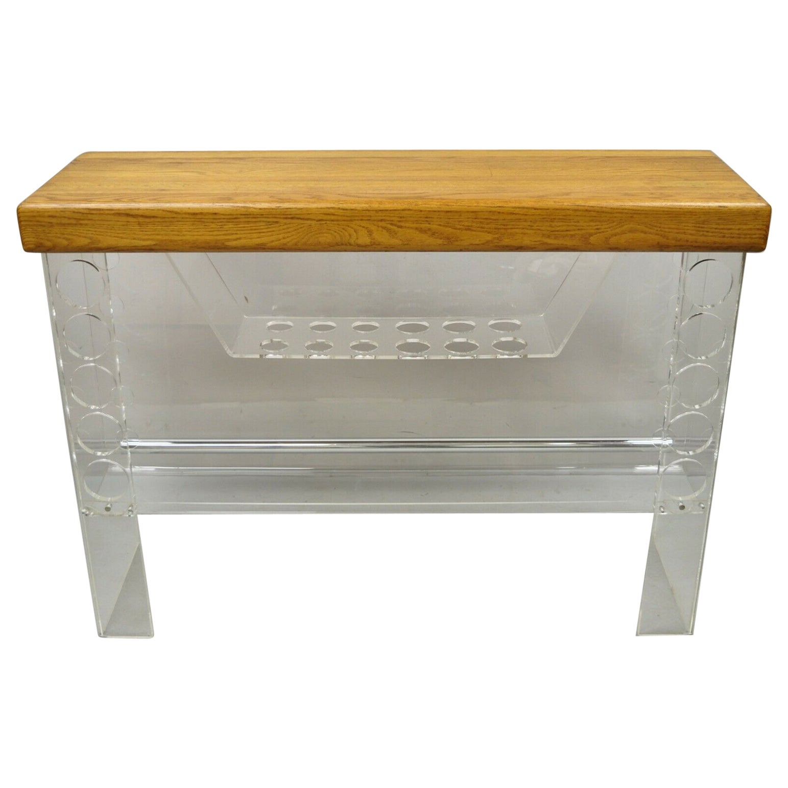 Mid Century Modern Lucite and Oak Wood Butcher Block Top Wine Bar Table