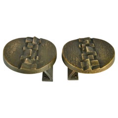 Vintage Pair of Bronze Round Push Pull Door Handles Architectural with Geometric Relief